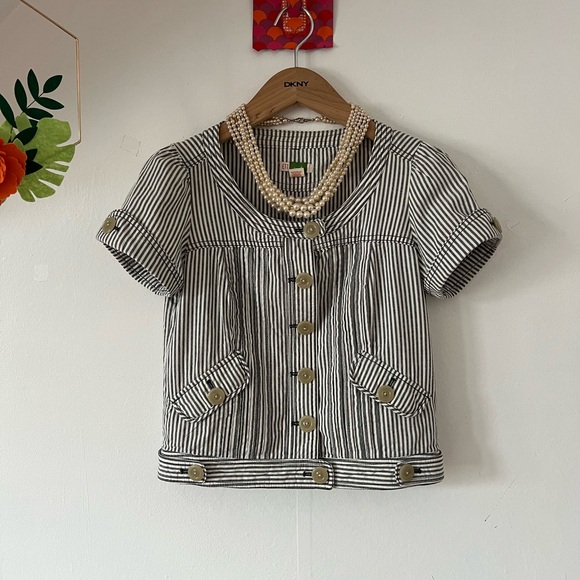 EUC Ett Twa Anthropologie sz 4 jacket short sleeve sailor stripe buttons pockets - Picture 1 of 16